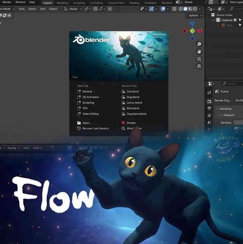 workspace de blender con la imagen del gatito de la película flow nafando en el agua alrededor de varios peces. abajo la imagen del gato con una mejor vista y el título de la película