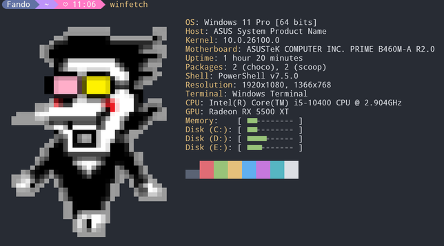 Es una captura de pantalla de una terminal powershell de windows pero con oh my posh para que se vea bonis y un comando llamando winfetch que me permite mostrar la info de mi sistema con pixelart personalizado y, como no podía ser de otro modo, es el sprite oficial de Spamton