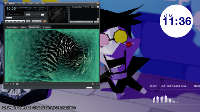 Mi segunda pantalla que uso para monitoreo de notificaciones en la que está abierto:
- Wacup, un mod de winamp para darle funcionalidades nuevas y hacerlo trabajar bien en equipos modernos, con un visualizador psicodelico
- Rainmeter sencillo con la hora y un visualizador de audio vinculado al wacup