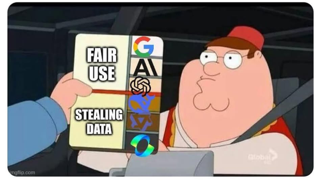 Es el meme de Peter griffin y las clasificaciones en torno a tonos de piel pero adaptados a las IAs ya que si estas son gringas (google, meta, openai) son de uso justo pero si son de otros lados como deepseek entonces "roban datos"