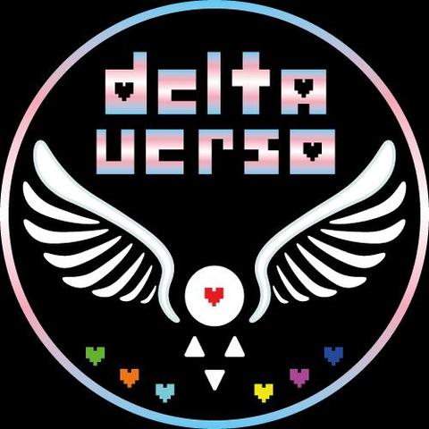 Deltaverso, un logo con unas alas de angel, la runa delta y las almas de undertale pero con la paleta de la bandera trans