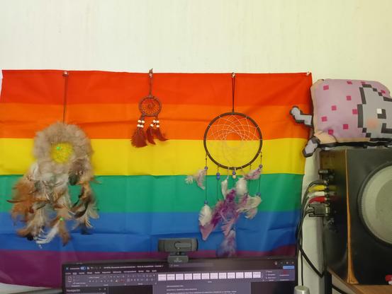 una bandera LGBT con un nyan cat y tres atrapasueños